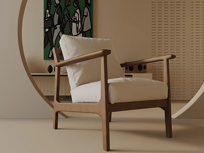 Modern Accent Chair With Wooden Frame White Cushion Circular Decor And Colorful Art Painting 3d model