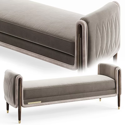 Modern Gray Velvet Upholstered Bench With Stitched Armrests And Metal Legs 3d model