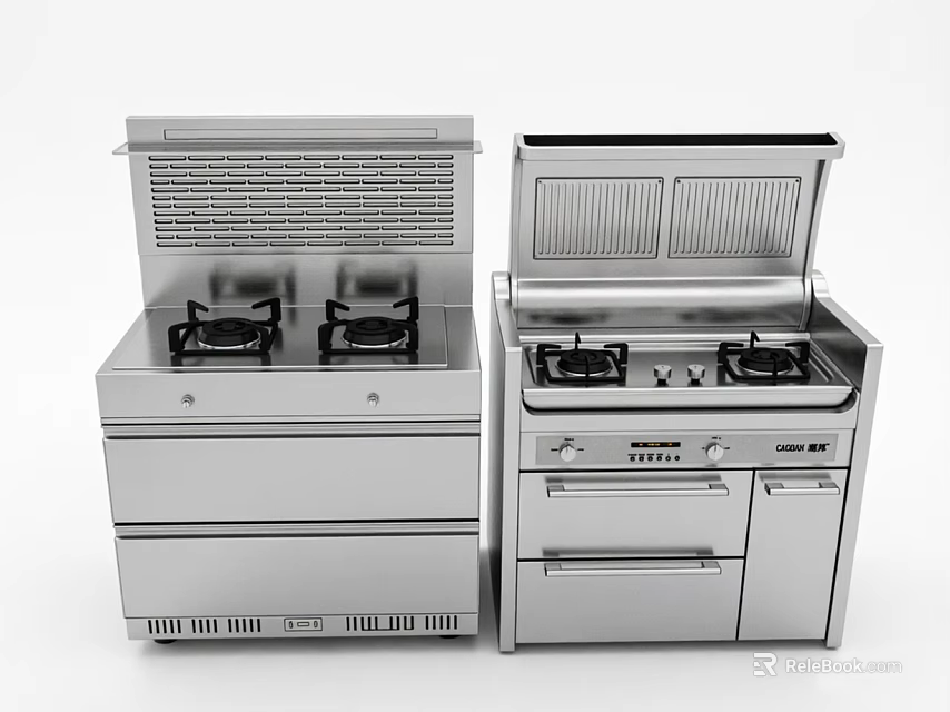 Stainless Steel Kitchen Gas Stoves With Range Hoods And Storage Cabinets 3d model 