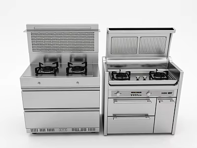 Stainless Steel Kitchen Gas Stoves With Range Hoods And Storage Cabinets 3d model