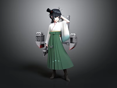 Anime Character With Black Hair Bun White Top Green Long Skirt And Dual Blades 3d model