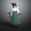 Anime Character With Black Hair Bun White Top Green Long Skirt And Dual Blades