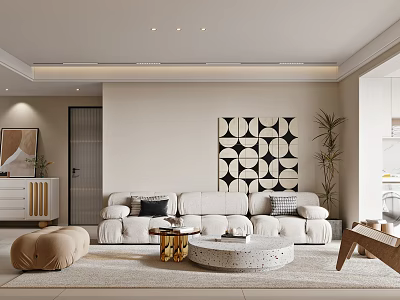 Modern Living and Dining Room Interior Design With White Sofa Coffee Table And Decorative Wall Art 3d model