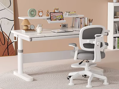 Modern Height Adjustable Kids Study Desk With Ergonomic Chair And Practical Upper Storage Shelves 3d model