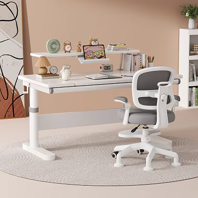 Modern Height Adjustable Kids Study Desk With Ergonomic Chair And Practical Upper Storage Shelves 3d model