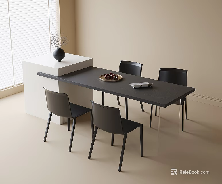 Modern Dining Table Set With Four Black Chairs White Cube Vase Fruit Platter And Magazine 3d model 