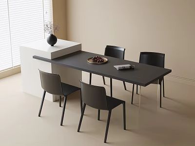 Modern Dining Table Set With Four Black Chairs White Cube Vase Fruit Platter And Magazine 3d model
