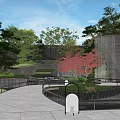 Serene Outdoor Garden Landscape With Stone Wall Red Maple Trees Stone Pavement And Blue Sky