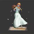 Game Movie Character Blonde Girl in White Dress Playing Violin with Pink Petals
