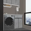 Modern Bathroom Cabinet with Marble Countertop Sink Faucet Washing Machine Shelf and Window City View