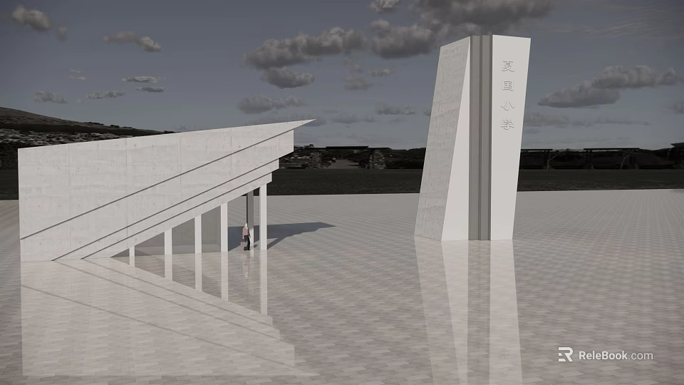 Modern Entrance Gate Design With White Geometric Structure And Spacious Plaza Under Cloudy Sky 3d model 