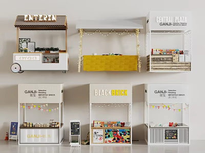 Mini Retail Stalls With Various Brand Logos And Decorative Display Elements 3d model