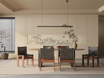 Modern Restaurant Interior With Round Dining Table Black Chairs Landscape Painting Plant And Hanging Lamp 3d model