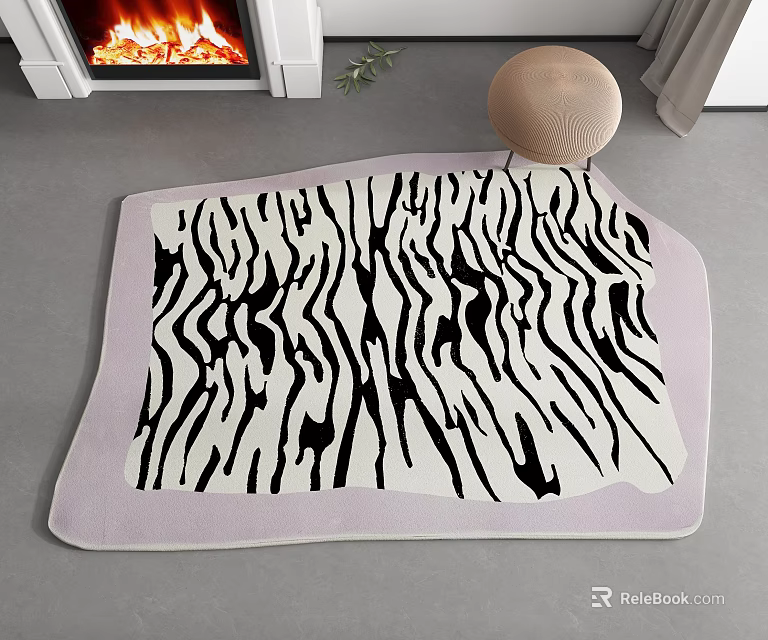 Zebra Pattern Shaped Rug In Room With Fireplace And Decor 3d model