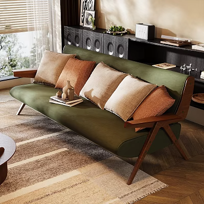 Modern Green Multi Seater Sofa With Neutral Orange Cushions Wooden Frame And Window View 3d model