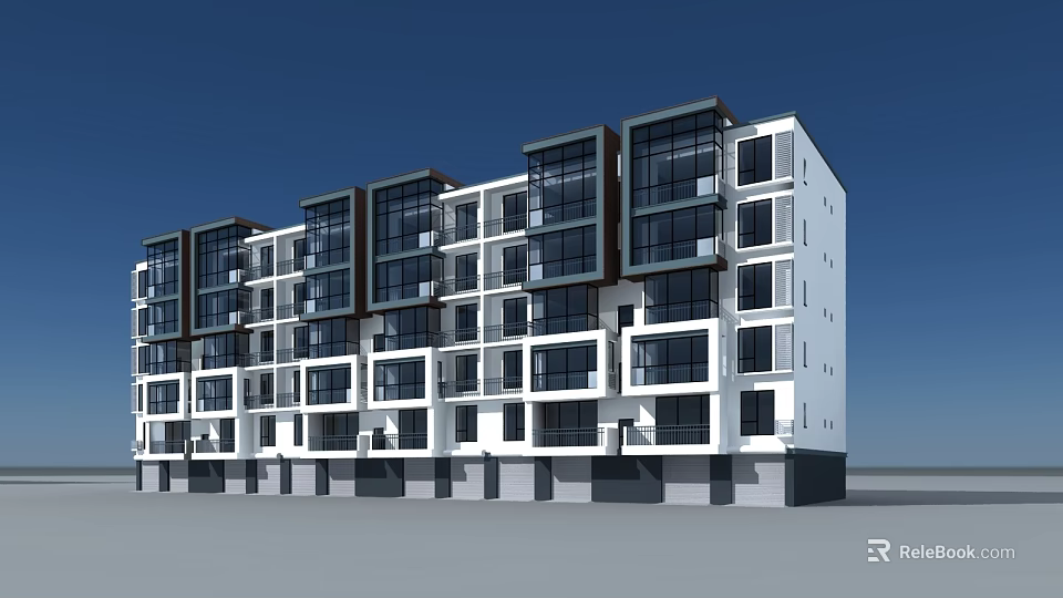 Modern Multi Story Residential Building Exterior With Glass Curtain Walls And White Facade 3d model 