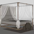 Canopy Double Bed With Wooden Frame White Sheer Curtains Padded Headboard And Decorative Clay Pots