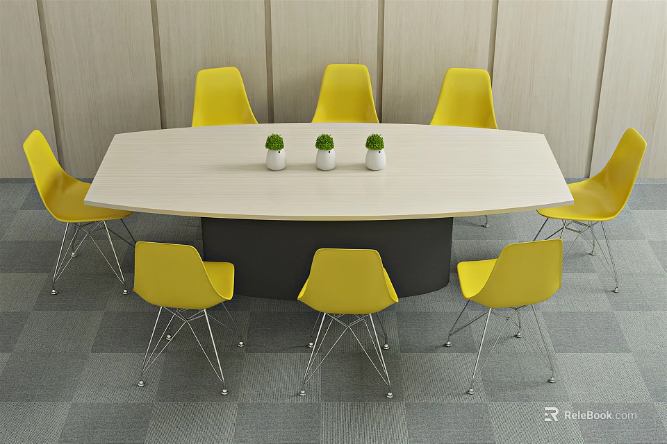 Oval White Table With Yellow Chairs And Small Potted Plants In Office Space 3d model 