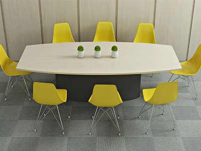 Oval White Table With Yellow Chairs And Small Potted Plants In Office Space 3d model