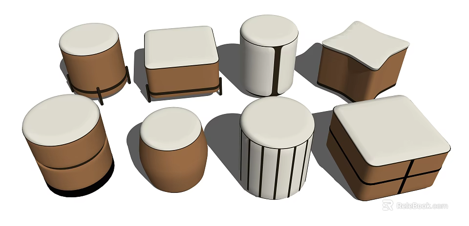Various Shapes Sofa Stools Round Square Designs Brown White Padded Seats 3d model