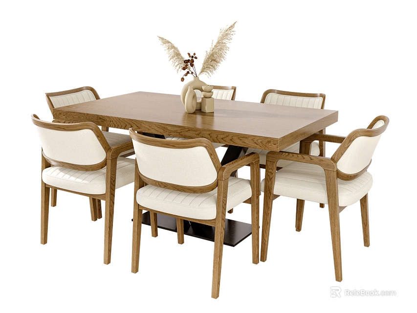 Wooden Dining Table Set with Upholstered Chairs and Decorative Centerpiece 3d model 