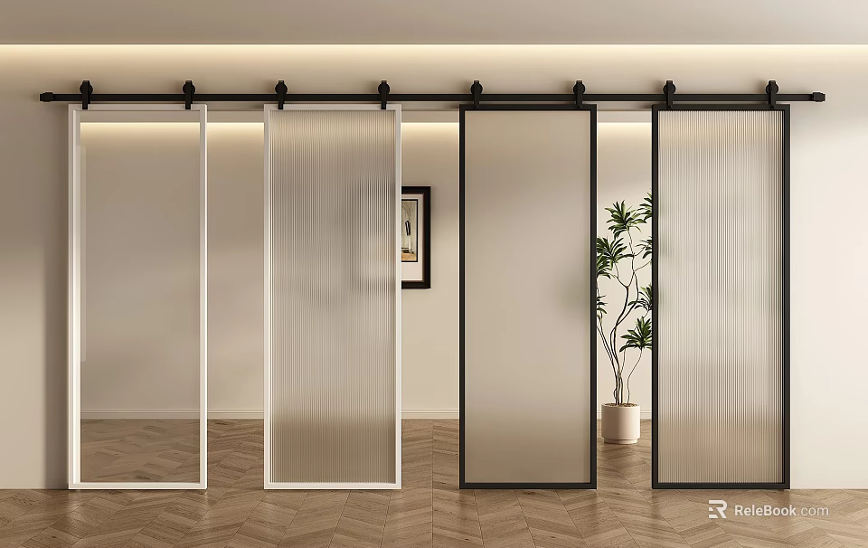 Modern Sliding Barn Doors With Frosted Glass Panels And Black Frame For Interior Space Decoration 3d model 
