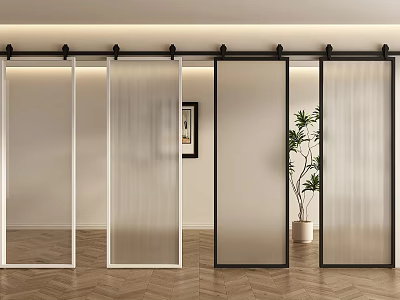 Modern Sliding Barn Doors With Frosted Glass Panels And Black Frame For Interior Space Decoration 3d model