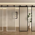 Modern Sliding Barn Doors With Frosted Glass Panels And Black Frame For Interior Space Decoration