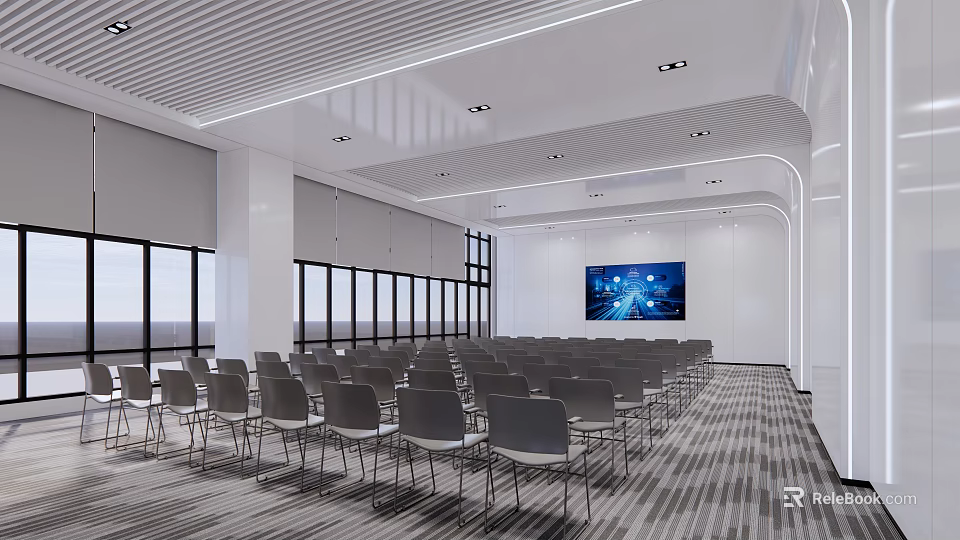 Modern Spacious Conference Room With Grey Chairs Large Screen And Bright Windows 3d model