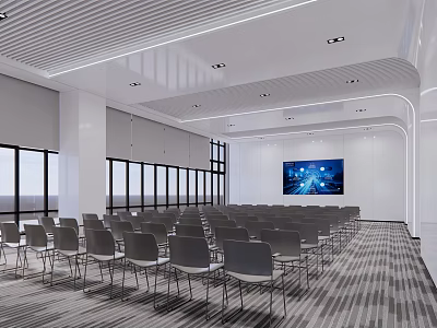 Modern Spacious Conference Room With Grey Chairs Large Screen And Bright Windows 3d model
