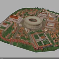 Modern Architectural Model Layout Featuring Central Circular Structure Red Roofed Buildings And Green Spaces