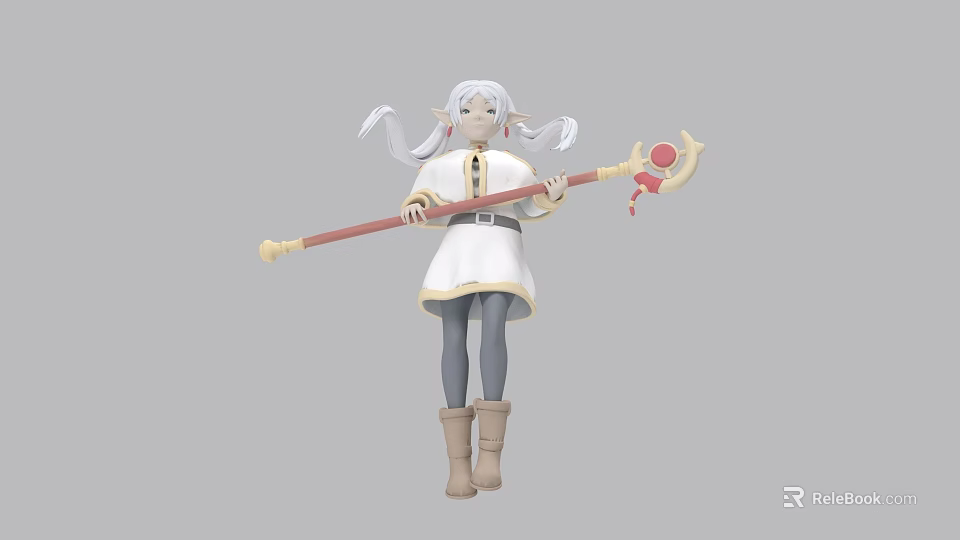 Game Character Long White Hair White Dress Yellow Trim Gray Leggings Brown Boots Red Staff 3d model 
