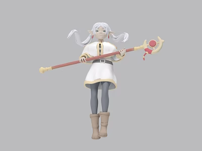 Game Character Long White Hair White Dress Yellow Trim Gray Leggings Brown Boots Red Staff 3d model