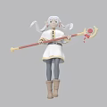 Game Character Long White Hair White Dress Yellow Trim Gray Leggings Brown Boots Red Staff