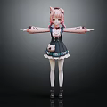 Anime Character With Cat Ears Wearing Dark Blue Dress And White Stockings Standing Arms Extended