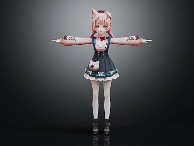Anime Character With Cat Ears Wearing Dark Blue Dress And White Stockings Standing Arms Extended 3d model