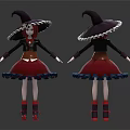 Witch Character Design With Purple Hat Red Hair And Black Red Outfit Front Back Views 3d model