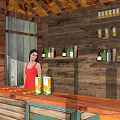 Outdoor Cooling Hut Kiosk With Orange Blue Roof Wooden Structure And Grass