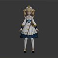 Anime Character With Blonde Twin Ponytails White Dress Blue Gold Accents Ruffled Cuffs Bow Shoes