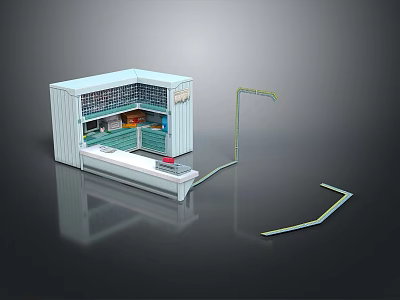 Miniature Modular Kitchen Unit Model With Blue Countertop White Cabinet And Green Pipes 3d model