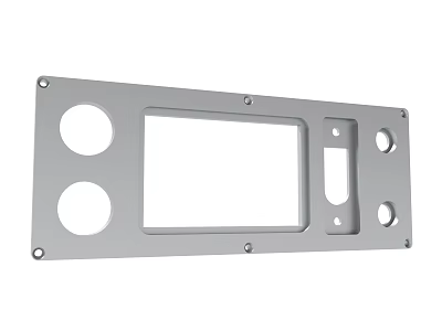 Gray Metal Device Front Panel With Circular Holes Rectangular Cutout And Mounting Holes 3d model