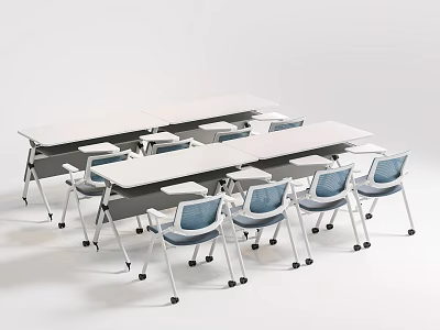 Modern Office Table And Chair Set With White Desks Blue Rolling Chairs And Foldable Legs 3d model