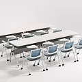 Modern Office Table And Chair Set With White Desks Blue Rolling Chairs And Foldable Legs