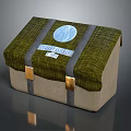 Green Fabric Storage Case With Beige Base Metal Buckles And Circular Blue Logo