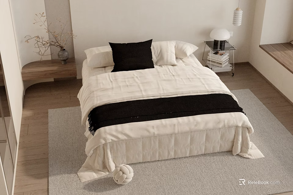 Minimalist Double Bed With White Bedding Black Blanket Bedside Table And Wooden Floor 3d model 