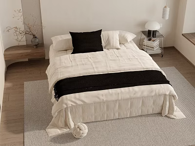 Minimalist Double Bed With White Bedding Black Blanket Bedside Table And Wooden Floor 3d model