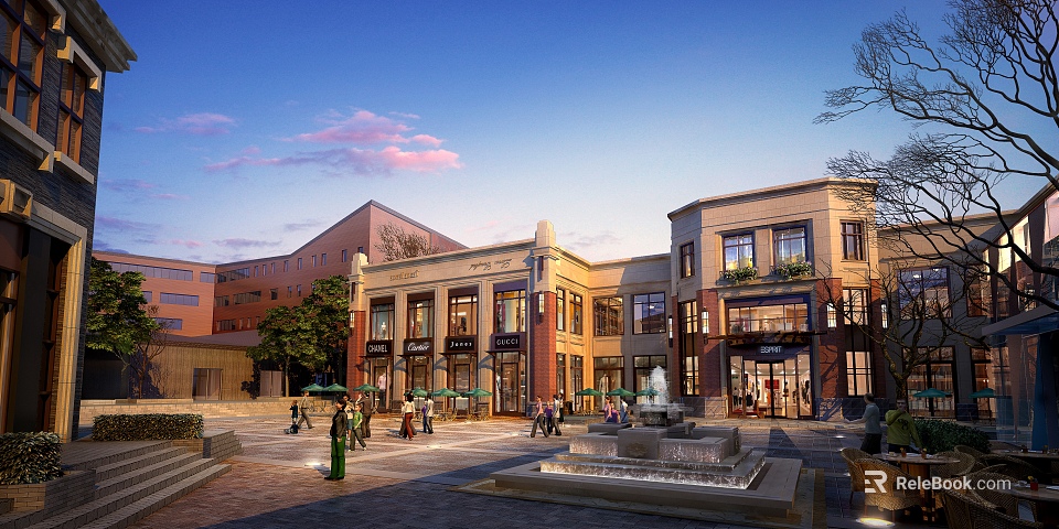 European Style Commercial Street With Central Fountain Pedestrians Shopping Classic Architecture Storefronts And Green Trees 3d model 