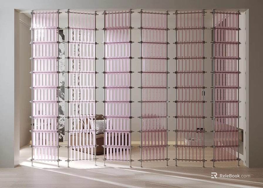 Elegant Modern Pink Lattice Room Divider With Transparent Panels Filtering Light In Interior 3d model 