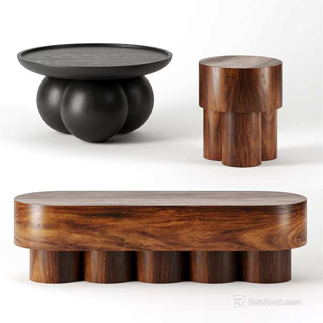 Round Black And Rectangular Wooden Dining Tables With Spherical Base And Cylindrical Legs 3d model 