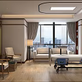 Elegant Modern Hospital Ward Interior With Medical Bed Sofa Shelves And White Wooden Tones